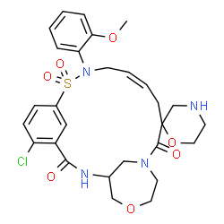 ChemSpider 2D Image | (12Z)-5-Chloro-10-(2-methoxyphenyl)-3H-spiro[20-oxa-9-thia-2,10,17-triazatricyclo[15.4.1.1~4,8~]tricosa-4(23),5,7,12-tetraene-15,2'-[1,4]oxazinane]-3,16-dione 9,9-dioxide | C28H33ClN4O7S