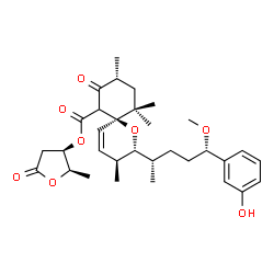 ChemSpider 2D Image | (2R,3R)-2-Methyl-5-oxotetrahydro-3-furanyl (2R,3S,6S,9R)-2-[(2S,5S)-5-(3-hydroxyphenyl)-5-methoxy-2-pentanyl]-3,9,11,11-tetramethyl-8-oxo-1-oxaspiro[5.5]undec-4-ene-7-carboxylate | C32H44O8