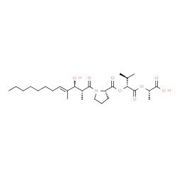 ChemSpider 2D Image | (2S)-2-{[(2R)-2-({1-[(2R,4E)-3-Hydroxy-2,4-dimethyl-4-dodecenoyl]-L-prolyl}oxy)-3-methylbutanoyl]oxy}propanoic acid | C27H45NO8
