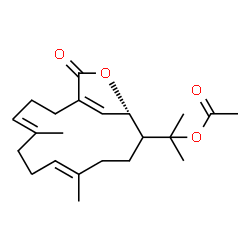 ChemSpider 2D Image | 2-[(8E,13S)-5,9-Dimethyl-15-oxo-14-oxabicyclo[11.2.1]hexadeca-1(16),4,8-trien-12-yl]-2-propanyl acetate | C22H32O4
