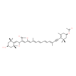 ChemSpider 2D Image | (1R)-4-[(3E,5E,7E,9E,11Z)-11-{4-[(6S,7aR)-6-Hydroxy-4,4,7a-trimethyl-2,4,5,6,7,7a-hexahydro-1-benzofuran-2-yl]-5-oxo-2(5H)-furanylidene}-3,10-dimethyl-3,5,7,9-undecatetraen-1-yn-1-yl]-3,5,5-trimethyl-
3-cyclohexen-1-yl acetate | C39H48O6