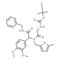 ChemSpider 2D Image | tert-Butyl (2-{[2-(benzylamino)-1-(3,4-dimethoxyphenyl)-2-oxoethyl][(5-methyl-2-furyl)methyl]amino}-2-oxoethyl)carbamate | C30H37N3O7