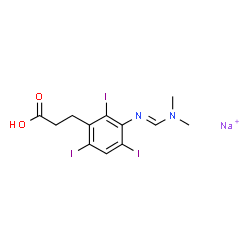 ChemSpider 2D Image | Benzenepropanoic acid, 3-[[(1E)-(dimethylamino)methylene]amino]-2,4,6-triiodo-, sodium salt (1:1) | C12H13I3N2NaO2