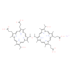 ChemSpider 2D Image | 21H,23H-Porphine-2,18-dipropanoic acid, 12-[1-[1-[2,18-bis(2-carboxyethyl)-12-(1-hydroxyethyl)-3,8,13,17-tetramethyl-21H,23H-porphin-7-yl]ethoxy]ethyl]-7-(1-hydroxyethyl)-3,8,13,17-tetramethyl-, sodiu
m salt (1:1) | C68H74N8NaO11