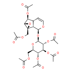 ChemSpider 2D Image | (1aS,1bS,2S,5aR,6S,6aS)-1a-(Acetoxymethyl)-2-[(2,3,4,6-tetra-O-acetyl-beta-D-glucopyranosyl)oxy]-1a,1b,2,5a,6,6a-hexahydrooxireno[4,5]cyclopenta[1,2-c]pyran-6-yl acetate | C27H34O16