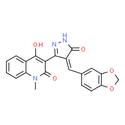 ChemSpider 2D Image | 3-[(4Z)-4-(1,3-Benzodioxol-5-ylmethylene)-5-oxo-4,5-dihydro-1H-pyrazol-3-yl]-4-hydroxy-1-methyl-2(1H)-quinolinone | C21H15N3O5