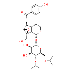 ChemSpider 2D Image | (1bS,2S,5aR,6S,6aS)-2-[(4,6-Di-O-isopropyl-beta-L-glucopyranosyl)oxy]-1a-(hydroxymethyl)octahydrooxireno[4,5]cyclopenta[1,2-c]pyran-6-yl 4-hydroxybenzoate | C28H40O12
