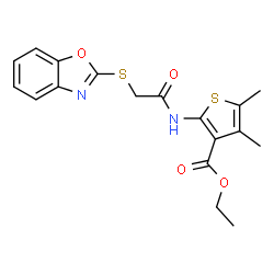 ChemSpider 2D Image | Ethyl 2-{[(1,3-benzoxazol-2-ylsulfanyl)acetyl]amino}-4,5-dimethyl-3-thiophenecarboxylate | C18H18N2O4S2