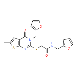 ChemSpider 2D Image | N-(2-Furylmethyl)-2-{[3-(2-furylmethyl)-6-methyl-4-oxo-3,4-dihydrothieno[2,3-d]pyrimidin-2-yl]sulfanyl}acetamide | C19H17N3O4S2