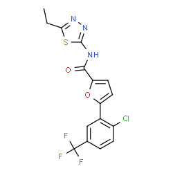 ChemSpider 2D Image | 5-[2-Chloro-5-(trifluoromethyl)phenyl]-N-(5-ethyl-1,3,4-thiadiazol-2-yl)-2-furamide | C16H11ClF3N3O2S