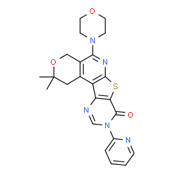 ChemSpider 2D Image | 2,2-Dimethyl-5-(4-morpholinyl)-9-(2-pyridinyl)-1,4-dihydro-2H-pyrano[4'',3'':4',5']pyrido[3',2':4,5]thieno[3,2-d]pyrimidin-8(9H)-one | C23H23N5O3S