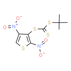 ChemSpider 2D Image | 2,4-Dinitro-3-thienyl 2-methyl-2-propanyl carbonotrithioate | C9H10N2O4S4