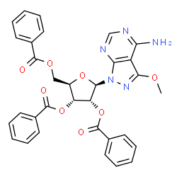 ChemSpider 2D Image | 3-Methoxy-1-(2,3,5-tri-O-benzoyl-beta-D-ribofuranosyl)-1H-pyrazolo[3,4-d]pyrimidin-4-amine | C32H27N5O8