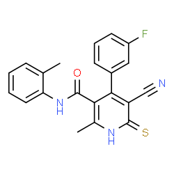 ChemSpider 2D Image | 5-Cyano-4-(3-fluorophenyl)-2-methyl-N-(2-methylphenyl)-6-thioxo-1,6-dihydro-3-pyridinecarboxamide | C21H16FN3OS