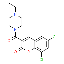 ChemSpider 2D Image | 6,8-Dichloro-3-[(4-ethyl-1-piperazinyl)carbonyl]-2H-chromen-2-one | C16H16Cl2N2O3