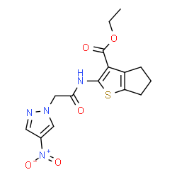 ChemSpider 2D Image | Ethyl 2-{[(4-nitro-1H-pyrazol-1-yl)acetyl]amino}-5,6-dihydro-4H-cyclopenta[b]thiophene-3-carboxylate | C15H16N4O5S