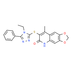 ChemSpider 2D Image | 1,3-dioxolo[4,5-g]quinolin-6-ol, 7-[(4-ethyl-5-phenyl-4H-1,2,4-triazol-3-yl)thio]-8-methyl- | C21H18N4O3S