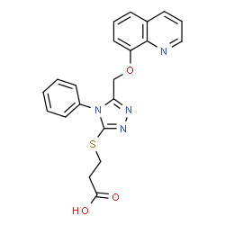 ChemSpider 2D Image | 3-({4-Phenyl-5-[(8-quinolinyloxy)methyl]-4H-1,2,4-triazol-3-yl}sulfanyl)propanoic acid | C21H18N4O3S