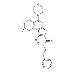 ChemSpider 2D Image | 2,2-Dimethyl-5-(4-morpholinyl)-9-(2-phenylethyl)-1,4-dihydro-2H-pyrano[4'',3'':4',5']pyrido[3',2':4,5]thieno[3,2-d]pyrimidin-8(9H)-one | C26H28N4O3S