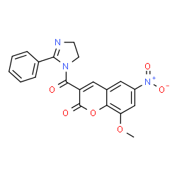 ChemSpider 2D Image | 8-Methoxy-6-nitro-3-[(2-phenyl-4,5-dihydro-1H-imidazol-1-yl)carbonyl]-2H-chromen-2-one | C20H15N3O6