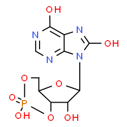 ChemSpider 2D Image | 9-(2,7-Dihydroxy-2-oxidotetrahydro-4H-furo[3,2-d][1,3,2]dioxaphosphinin-6-yl)-7,9-dihydro-1H-purine-6,8-dione | C10H11N4O8P