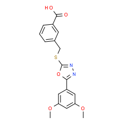 ChemSpider 2D Image | 3-({[5-(3,5-Dimethoxyphenyl)-1,3,4-oxadiazol-2-yl]sulfanyl}methyl)benzoic acid | C18H16N2O5S