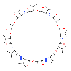 ChemSpider 2D Image | 6,9,12,18,21,24,30,33,36-Nonaisopropyl-3,15,27-trimethyl-1,4,10,16,22,28-hexaoxa-7,13,19,25,31,34-hexaazacyclohexatriacontan-2,5,8,11,14,17,20,23,26,29,32,35-dodecon | C54H90N6O18