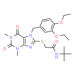 ChemSpider 2D Image | 2-{[7-(3,4-Diethoxybenzyl)-1,3-dimethyl-2,6-dioxo-2,3,6,7-tetrahydro-1H-purin-8-yl]sulfanyl}-N-(2-methyl-2-propanyl)acetamide | C24H33N5O5S