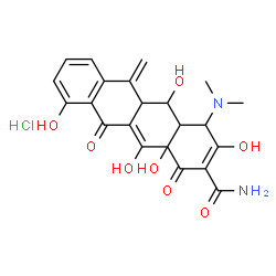 ChemSpider 2D Image | 4-(Dimethylamino)-1,4,4a,5,5a,6,11,12a-octahydro-3,5,10,12,12a-pentahydroxy-6-methylene-1,11-dioxo-2-naphthacenecarboxamide monohydrochloride | C22H23ClN2O8