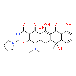 ChemSpider 2D Image | 4-(Dimethylamino)-3,6,10,12,12a-pentahydroxy-6-methyl-1,11-dioxo-N-(1-pyrrolidinylmethyl)-1,4,4a,5,5a,6,11,12a-octahydro-2-tetracenecarboxamide | C27H33N3O8
