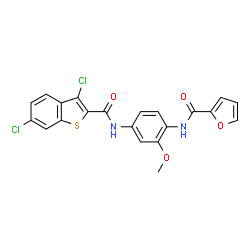 ChemSpider 2D Image | N-(4-{[(3,6-Dichloro-1-benzothiophen-2-yl)carbonyl]amino}-2-methoxyphenyl)-2-furamide | C21H14Cl2N2O4S