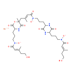 ChemSpider 2D Image | Iron(3+) (3E)-5-[{3-[5-(3-{[(2E)-5-hydroxy-3-methylpent-2-enoyl](oxido)amino}propyl)-3,6-dioxopiperazin-2-yl]propyl}(oxido)amino]-3-methyl-5-oxopent-3-en-1-yl N~2~-acetyl-N~5~-[(2E)-5-hydroxy-3-methylpent-2-enoyl]-N~5~-oxidoornithinate | C35H53FeN6O13