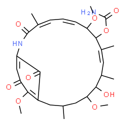 ChemSpider 2D Image | 2-Azabicyclo[16.3.1]docosa-4,6,10,18,21-pentaene-3,20,22-trione, 9,13-dihydroxy-8,14,19-trimethoxy-4,10,12,16-tetramethyl-, 9-carbamate (8CI) | C29H40N2O9