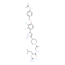 ChemSpider 2D Image | 2-GUANIDINO-4-METHYL-PENTANOIC ACID [2-(4-{5-[4-(4-ACETYLAMINO-BENZYLOXY)-2,3-DICHLORO-PHENYL]-2-METHYL-2H-PYRAZOL-3-YL}-PIPERIDIN-1-YL)-2-OXO-ETHYL]-AMIDE | C33H42Cl2N8O4