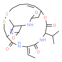 ChemSpider 2D Image | (7E,16Z)-7-Ethylidene-4,21-diisopropyl-2-oxa-12,13-dithia-5,8,20,23-tetraazabicyclo[8.7.6]tricos-16-ene-3,6,9,19,22-pentone | C24H36N4O6S2