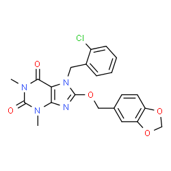 ChemSpider 2D Image | 8-(Benzo[1,3]dioxol-5-ylmethoxy)-7-(2-chloro-benzyl)-1,3-dimethyl-3,7-dihydro-purine-2,6-dione | C22H19ClN4O5