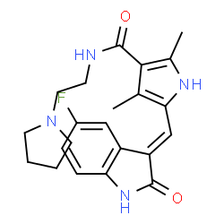 ChemSpider 2D Image | 5-[(E)-(5-Fluoro-2-oxo-1,2-dihydro-3H-indol-3-ylidene)methyl]-2,4-dimethyl-N-[2-(1-pyrrolidinyl)ethyl]-1H-pyrrole-3-carboxamide | C22H25FN4O2