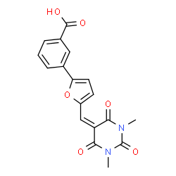 ChemSpider 2D Image | 3-{5-[(1,3-Dimethyl-2,4,6-trioxotetrahydro-5(2H)-pyrimidinylidene)methyl]-2-furyl}benzoic acid | C18H14N2O6