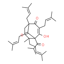 ChemSpider 2D Image | 4-Hydroxy-5-isobutyryl-6-methyl-1,3,7-tris(3-methyl-2-buten-1-yl)-6-(4-methyl-3-penten-1-yl)bicyclo[3.3.1]non-3-ene-2,9-dione | C35H52O4