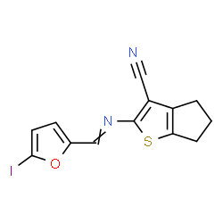 ChemSpider 2D Image | 2-{[(5-Iodo-2-furyl)methylene]amino}-5,6-dihydro-4H-cyclopenta[b]thiophene-3-carbonitrile | C13H9IN2OS