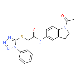 ChemSpider 2D Image | N-(1-Acetyl-2,3-dihydro-1H-indol-5-yl)-2-[(1-phenyl-1H-tetrazol-5-yl)sulfanyl]acetamide | C19H18N6O2S