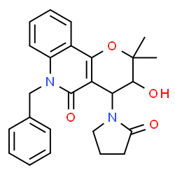 ChemSpider 2D Image | 6-Benzyl-3-hydroxy-2,2-dimethyl-4-(2-oxo-1-pyrrolidinyl)-2,3,4,6-tetrahydro-5H-pyrano[3,2-c]quinolin-5-one | C25H26N2O4