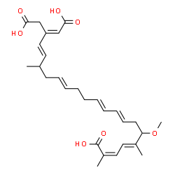 ChemSpider 2D Image | (2Z,4E,8E,10E,14E,18E,20E)-20-(Carboxymethyl)-6-methoxy-2,5,17-trimethyl-2,4,8,10,14,18,20-docosaheptaenedioic acid | C28H38O7