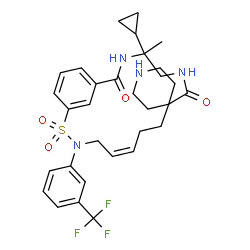 ChemSpider 2D Image | (11'Z)-4'-Cyclopropyl-4'-methyl-14'-[3-(trifluoromethyl)phenyl]-2'H,7'H-spiro[piperidine-4,8'-[15]thia[3,6,14]triazabicyclo[14.3.1]icosa[1(20),11,16,18]tetraene]-2',7'-dione 15',15'-dioxide | C31H37F3N4O4S
