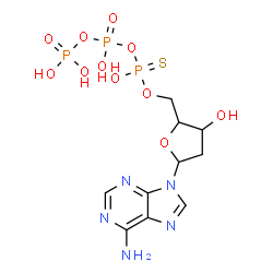 ChemSpider 2D Image | 9-{2-Deoxy-5-O-[{[hydroxy(phosphonooxy)phosphoryl]oxy}(sulfanyl)phosphoryl]pentofuranosyl}-9H-purin-6-amine | C10H16N5O11P3S