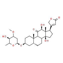 ChemSpider 2D Image | (3beta,5beta,8xi,9xi,12beta)-3-[(2,6-Dideoxy-3-O-methyl-alpha-D-glycero-hexopyranosyl)oxy]-12,14-dihydroxy-11-oxocard-20(22)-enolide | C30H44O9
