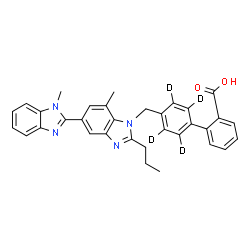 ChemSpider 2D Image | 4'-[(1,7'-Dimethyl-2'-propyl-1H,1'H-2,5'-bibenzimidazol-1'-yl)methyl]-2-(2',3',5',6'-~2~H_4_)biphenylcarboxylic acid | C33H26D4N4O2