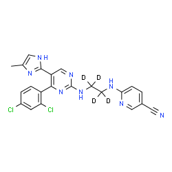 ChemSpider 2D Image | 6-{[2-{[4-(2,4-Dichlorophenyl)-5-(4-methyl-1H-imidazol-2-yl)-2-pyrimidinyl]amino}(~2~H_4_)ethyl]amino}nicotinonitrile | C22H14D4Cl2N8