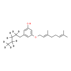 ChemSpider 2D Image | 3-{[(2E)-3,7-Dimethyl-2,6-octadien-1-yl]oxy}-5-[(2,2,3,3,4,4,5,5,5-~2~H_9_)pentyl]phenol | C21H23D9O2