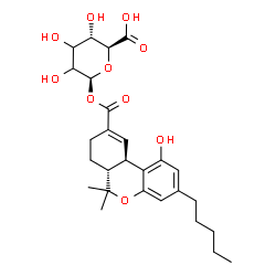 ChemSpider 2D Image | 1-O-{[(6aR,10aR)-1-Hydroxy-6,6-dimethyl-3-pentyl-6a,7,8,10a-tetrahydro-6H-benzo[c]chromen-9-yl]carbonyl}-beta-D-erythro-hexopyranuronic acid | C27H36O10